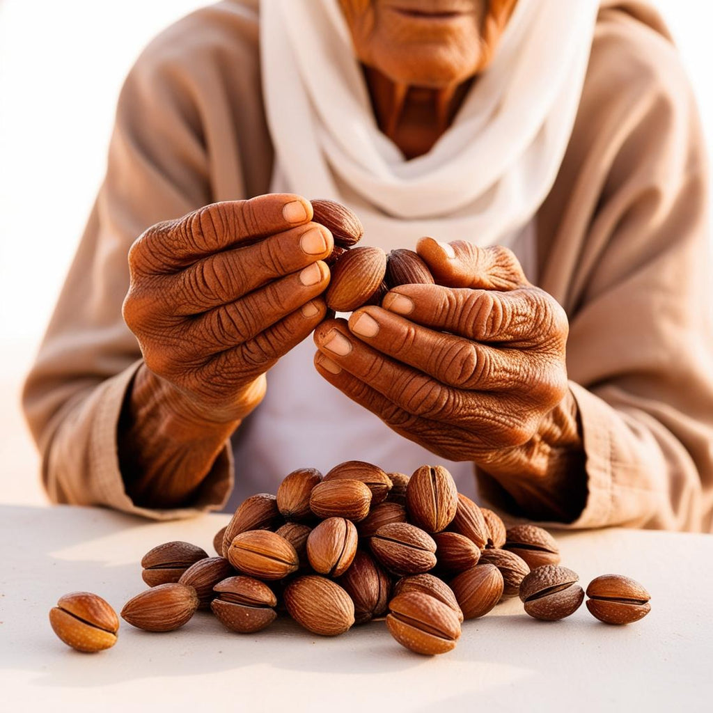 Femme berbere agée qui tiens des noix d'argan