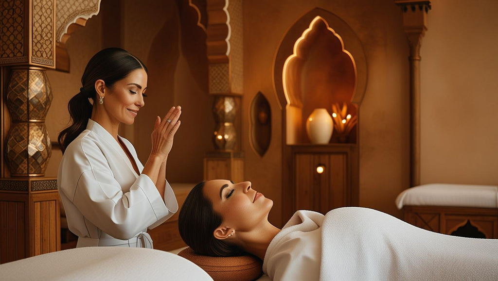 Belle Femme pratiquant un rituel de beauté dans un spa orientalisant